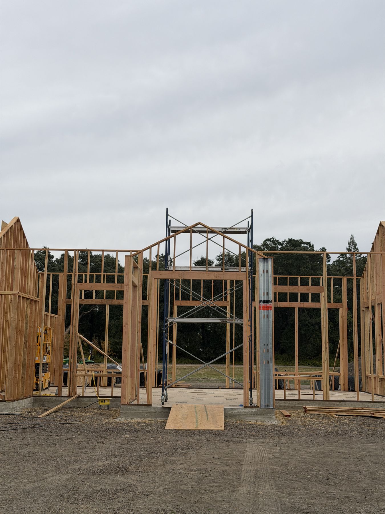 Front entry gable and scaffold, looking straight on